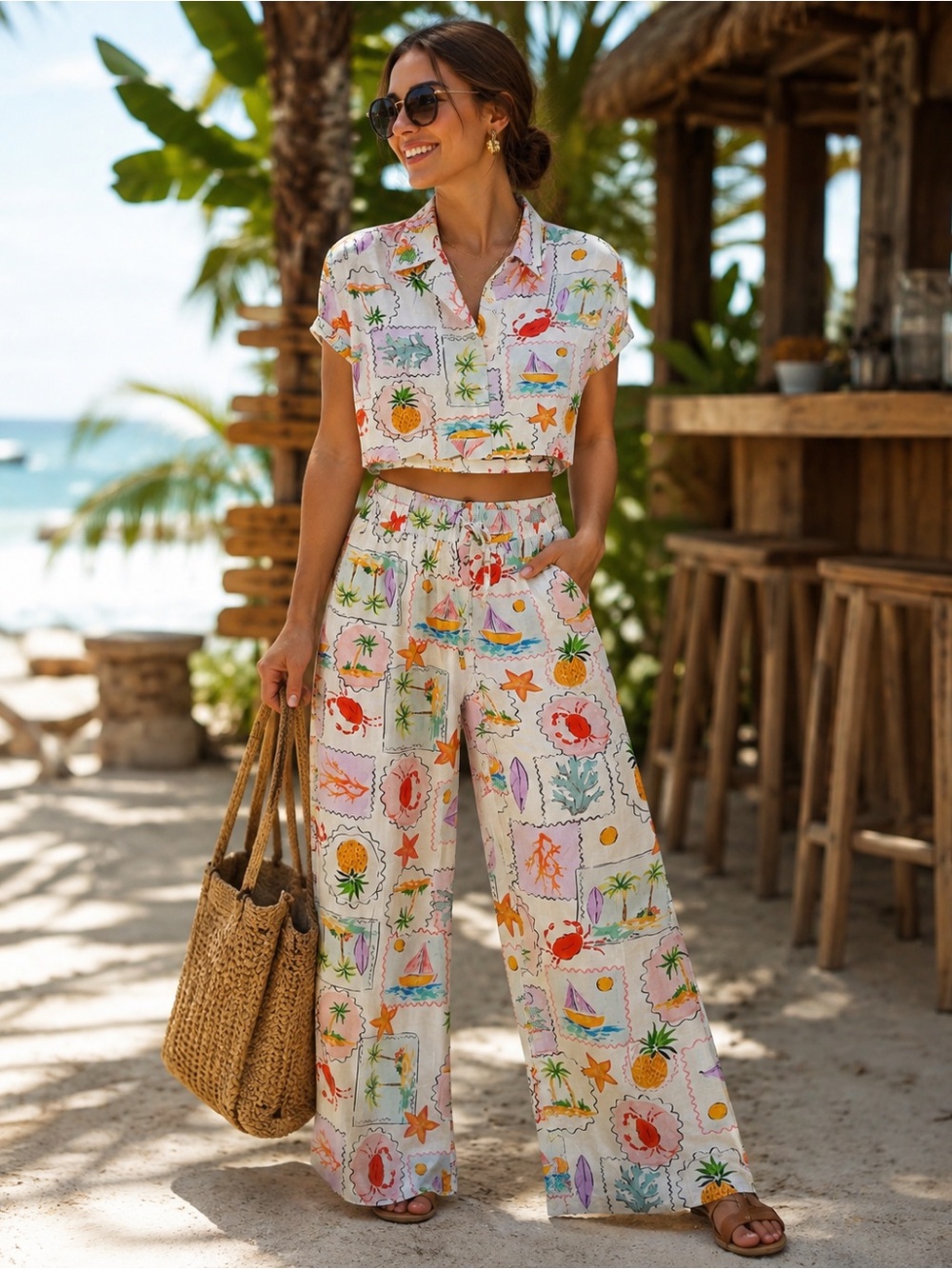 Tarlynn Crop Button-Front Tropical Print Wide-Leg Pants Sz L